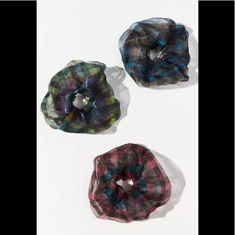 NWT Anthropologie Set of 3 Plaid Organza Scrunchies